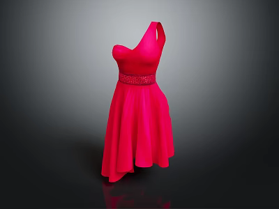 Stylish Red One Shoulder Dress With Embellished Waist And Asymmetric Hem 3d model