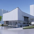 Modern Sales Office Building with Glass Facade Green Landscape Water Feature and Pedestrian Walkway