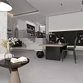 Modern Living and Dining Room Interior With Marble Wall Dining Table Staircase And Cabinets