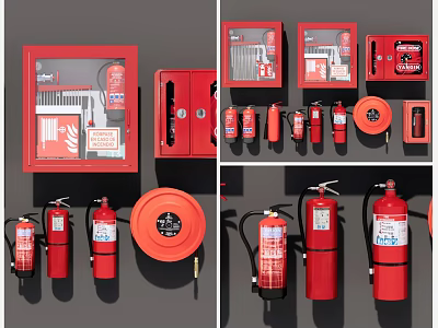 Comprehensive Fire Protection Equipment Collection Featuring Extinguishers Hose Reels And Safety Cabinets 3d model