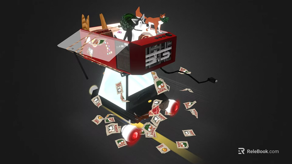 Red Box Shaped Machine With Small Dogs And Scattered Money Notes On Dark Background 3d model 