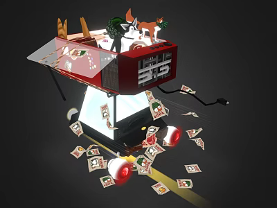 Red Box Shaped Machine With Small Dogs And Scattered Money Notes On Dark Background 3d model