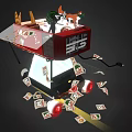 Red Box Shaped Machine With Small Dogs And Scattered Money Notes On Dark Background 3d model