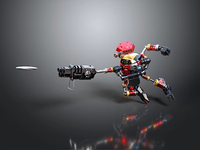 Game and Movie Character Robot With Red Head Black Body Holding Weapon in Dynamic Pose 3d model