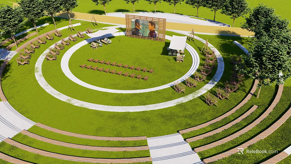 Garden Landscape Design With Circular Lawn Wooden Seats Terrace Steps And Surrounding Trees 3d model 
