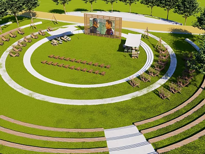 Garden Landscape Design With Circular Lawn Wooden Seats Terrace Steps And Surrounding Trees 3d model