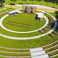Garden Landscape Design With Circular Lawn Wooden Seats Terrace Steps And Surrounding Trees