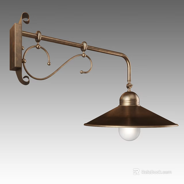 Vintage Brass Wall Lamp With Curved Metal Arm And Conical Shade For Interior Decor 3d model 