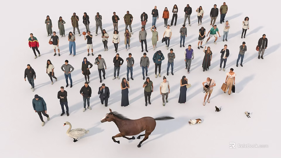 Many People Standing Together With a Running Horse Swan and Small Animals 3d model 