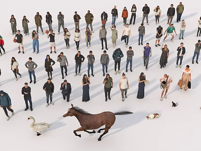 Many People Standing Together With a Running Horse Swan and Small Animals 3d model