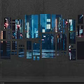 Modern Photo Wall with Various Size Frames Displaying City Night Lights and High Rise Buildings