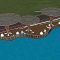 Waterfront Landscape Design With White Canopy Structures Wooden Walkway Track And Green Lawn