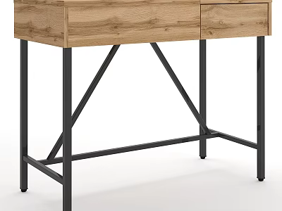 Wooden Office Desk With Black Metal Frame And Single Drawer Design 3d model