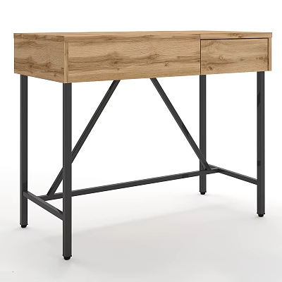 Wooden Office Desk With Black Metal Frame And Single Drawer Design 3d model