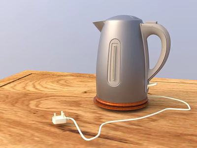 Silver Electric Kettle on Wooden Tabletop with Power Cord and Plug 3d model