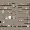 Modern Wall Mounted Shelves With Hexagonal Design And Decorative Books Plants
