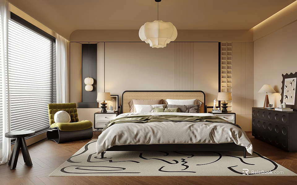 Modern Bedroom Interior Design Featuring Bed Nightstands Pendant Light Accent Chair And Area Rug 3d model 
