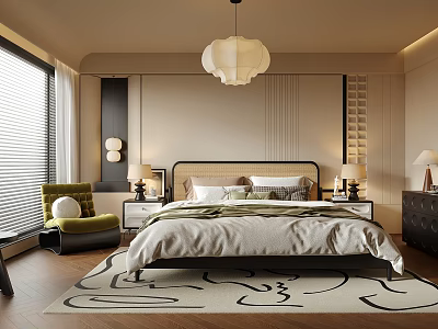 Modern Bedroom Interior Design Featuring Bed Nightstands Pendant Light Accent Chair And Area Rug 3d model