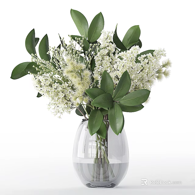 Transparent Vase With White Flowers And Green Leaves Fresh Floral Arrangement 3d model 
