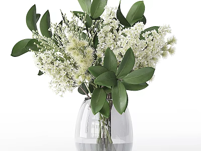 Transparent Vase With White Flowers And Green Leaves Fresh Floral Arrangement 3d model