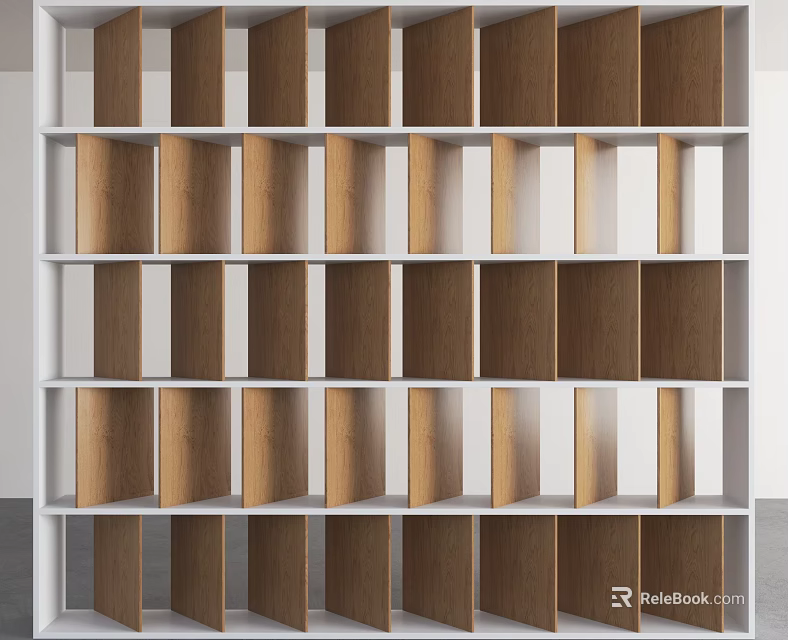 Modern Wooden Room Divider With White Frame Multiple Shelves And Geometric Design 3d model 