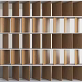 Modern Wooden Room Divider With White Frame Multiple Shelves And Geometric Design