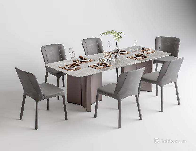 Modern Dining Table Set With Marble Top Six Gray Chairs Tableware And Green Plant Decor 3d model