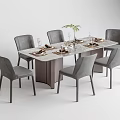 Modern Dining Table Set With Marble Top Six Gray Chairs Tableware And Green Plant Decor 3d model