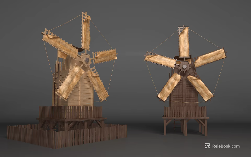 Wooden Windmill Architectural Structure With Rotating Blades Frame And Base Platform 3d model 