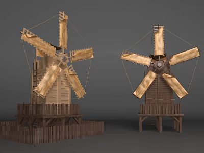 Wooden Windmill Architectural Structure With Rotating Blades Frame And Base Platform 3d model