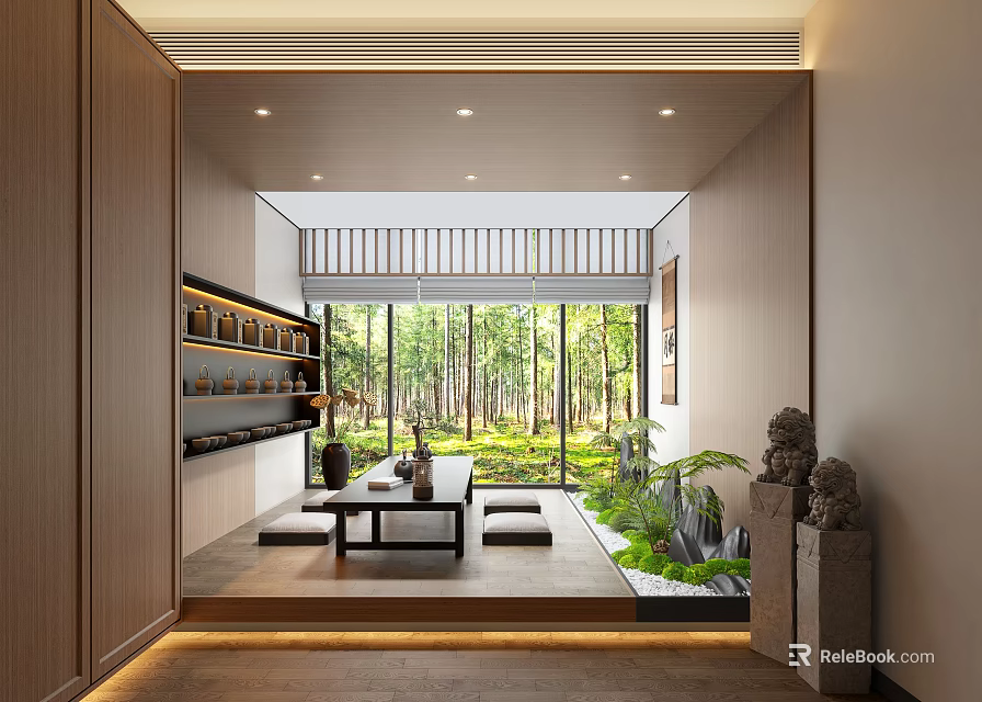 Zen Inspired Tea Room Interior With Natural Forest View And Stone Statues 3d model