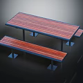 Outdoor Table With Striped Wooden Tabletop Metal Frame And Matching Bench For Outdoor Use