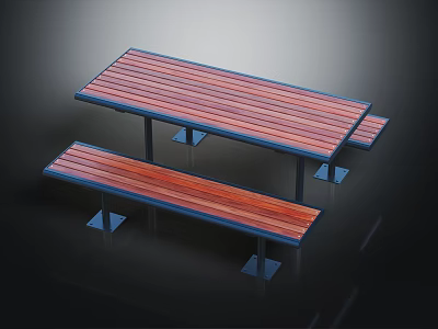 Outdoor Table With Striped Wooden Tabletop Metal Frame And Matching Bench For Outdoor Use 3d model