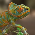 Vibrant Colorful Chameleon Game Movie Character on Branch with Green Leaves