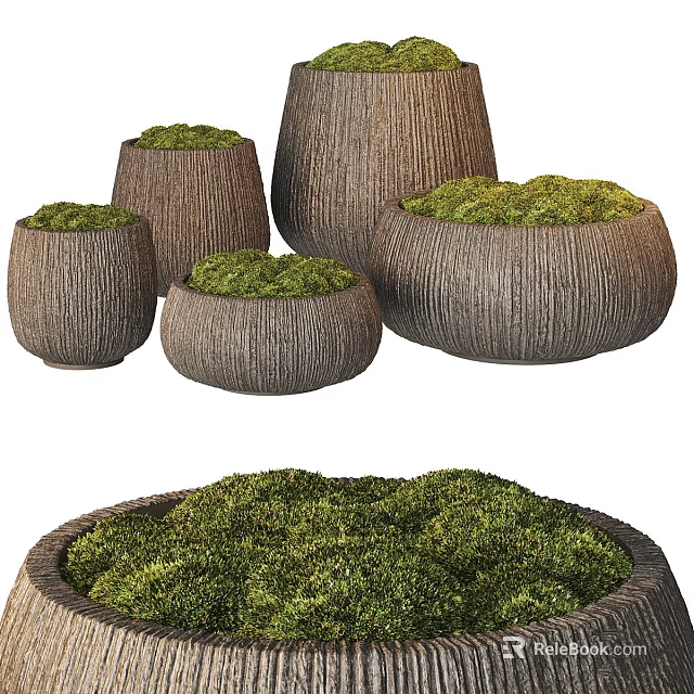Natural Wooden Garden Decor Planters With Green Moss Foliage Various Sizes For Outdoor Landscaping 3d model 