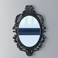 Oval Wall Mounted Mirror With Ornate Black Frame Reflecting Window And Blue Railings