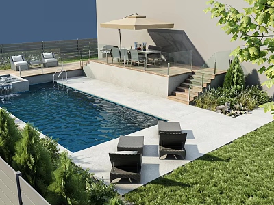 Garden Landscape With Outdoor Pool Patio Furniture Umbrella And Green Lawn 3d model