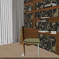 Wooden Desk With Bookshelf Drawers Chair And Decorative Books Against Floral Pattern Wallpaper