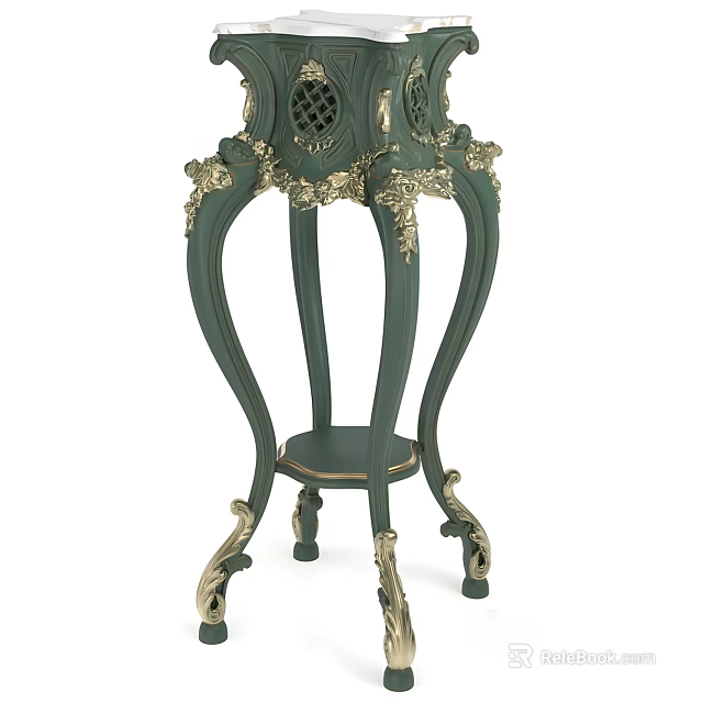Green Vintage Coffee Table With Ornate Carvings Decorative Legs And Lower Shelf 3d model 