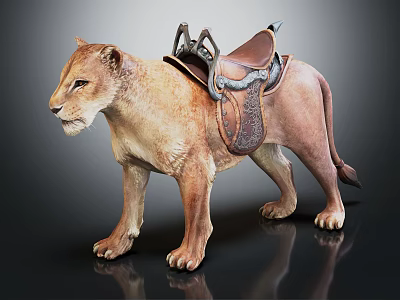 Realistic Detailed Lion Sculpture With Leather Saddle Standing On Black Surface 3d model