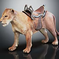 Realistic Detailed Lion Sculpture With Leather Saddle Standing On Black Surface