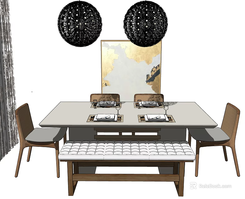 Modern Dining Table Set With Bench Chairs Black Chandeliers And Wall Art 3d model 