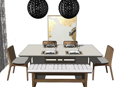 Modern Dining Table Set With Bench Chairs Black Chandeliers And Wall Art 3d model