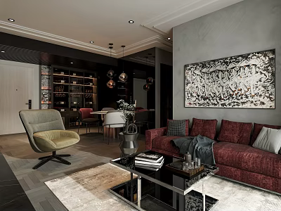 Elegant Modern Living Dining Room Interior With Red Sofa Dining Table And Decorative Painting 3d model