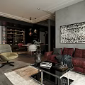 Elegant Modern Living Dining Room Interior With Red Sofa Dining Table And Decorative Painting