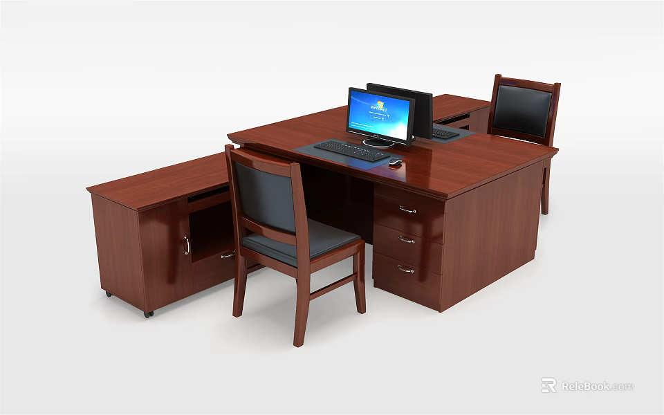 Brown Wooden Office Desk With Laptop Drawers Side Cabinet And Chairs 3d model 