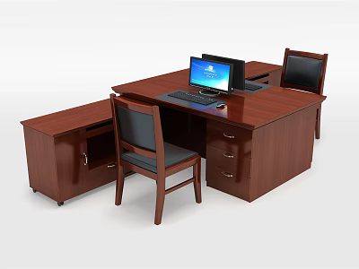 Brown Wooden Office Desk With Laptop Drawers Side Cabinet And Chairs 3d model