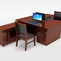 Brown Wooden Office Desk With Laptop Drawers Side Cabinet And Chairs