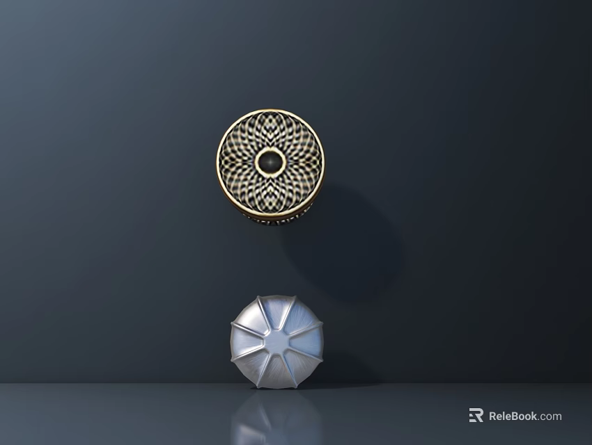 Golden Circular And Silver Radiant Chandeliers With Intricate Patterns On Dark Background With Reflections 3d model 