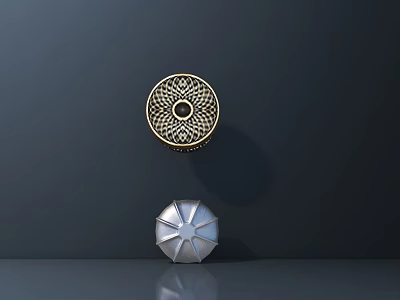 Golden Circular And Silver Radiant Chandeliers With Intricate Patterns On Dark Background With Reflections 3d model